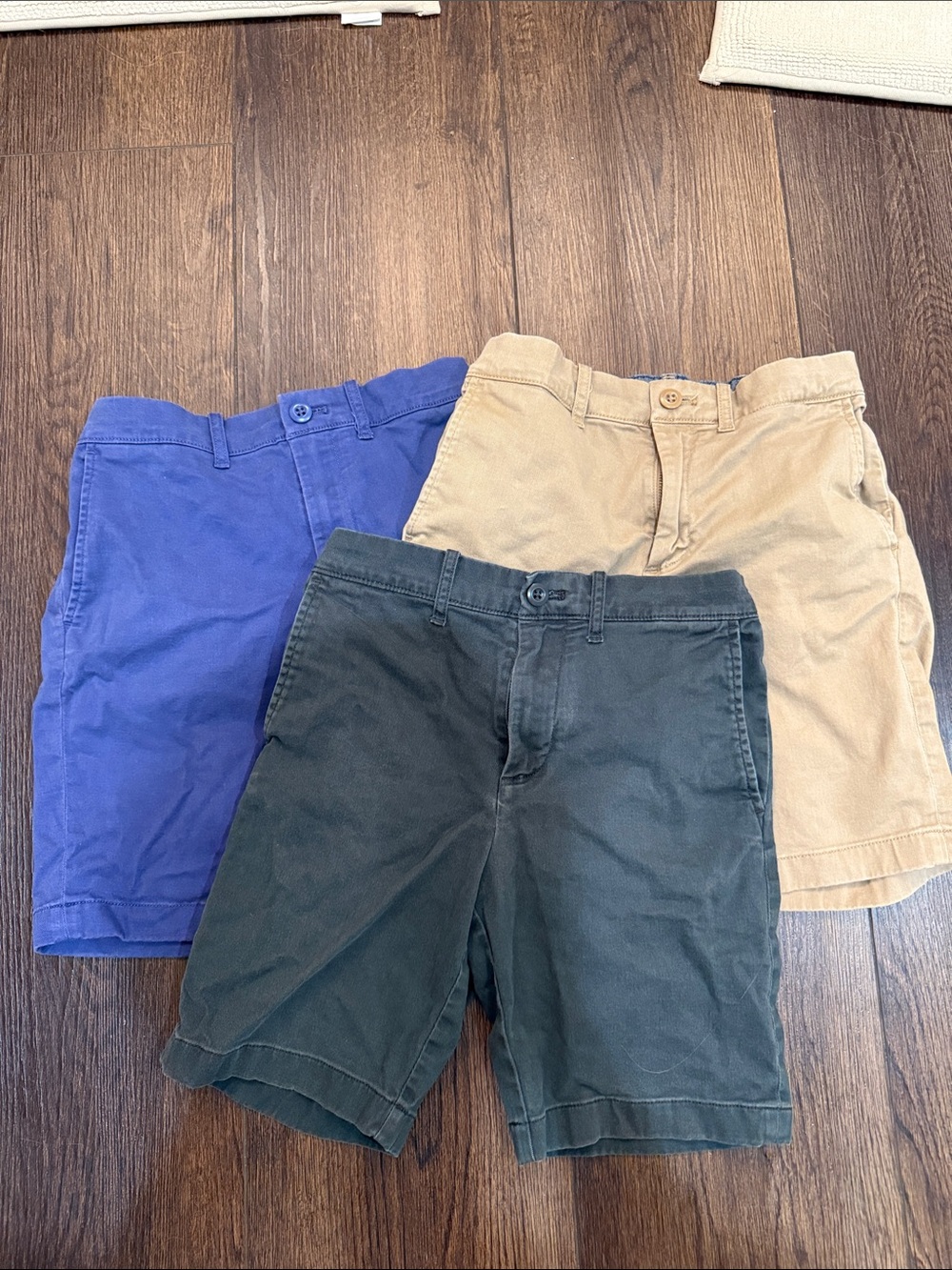 Crewcuts Flat-Front Chino Shorts in Blue, Black, and Tan, size 12